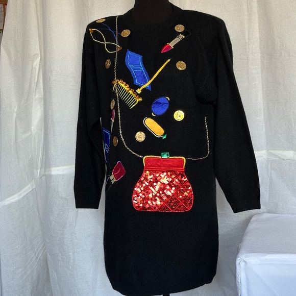 Vintage 80's Carducci Sweater Dress Wm Sz S Lambswool Angora Embellished - Picture 1 of 14